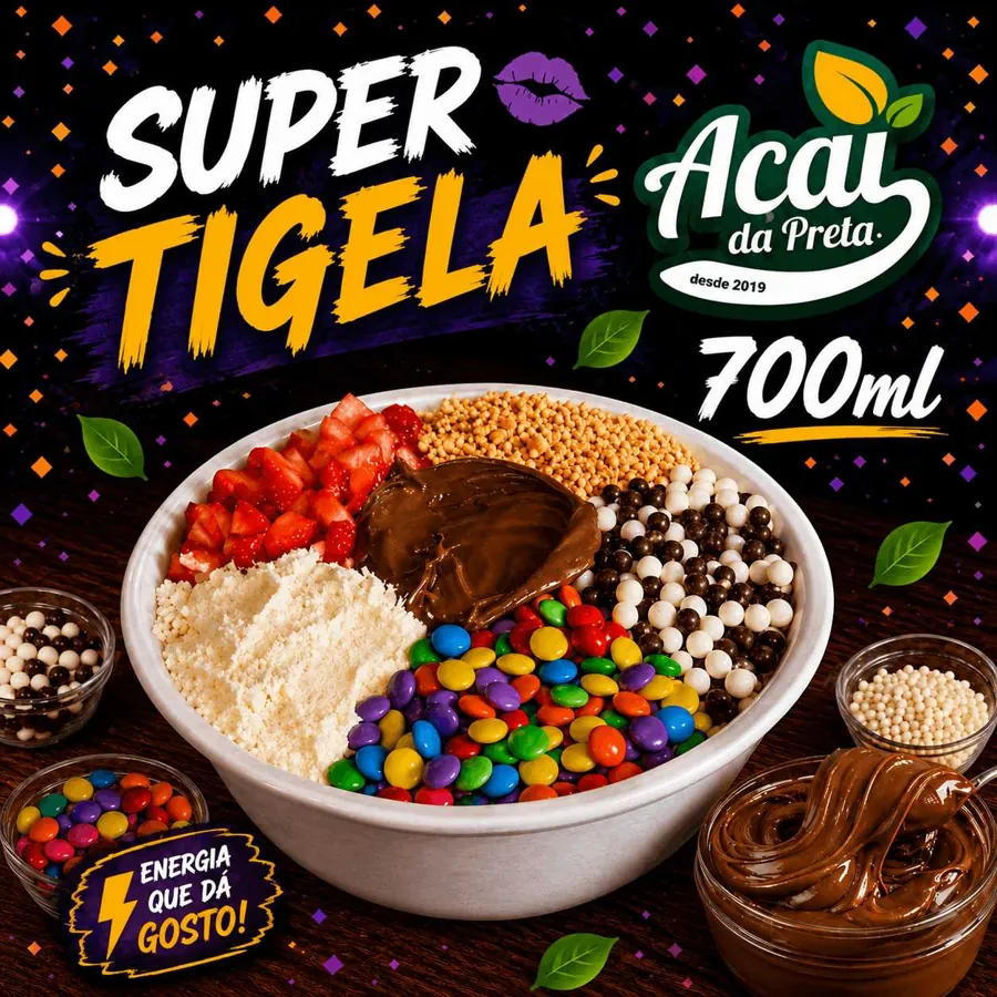 Super tigela de açaí de 700 ml com Nutella, confetes e morango